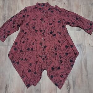 Yasuko Button Front Tunic Top Swallows Asian Graphic M/LA